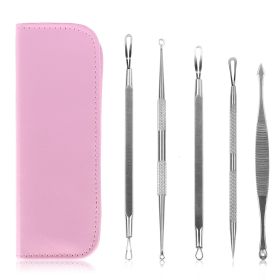 5 Pcs Blackhead Remover Kit Stainless Comedone Tool Set (Color: Pink)